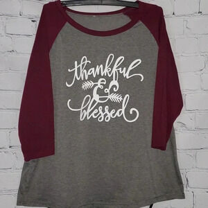 "Thankful and Blessed" Gray 3/4 Maroon Sleeve Womens Shirt Size XL